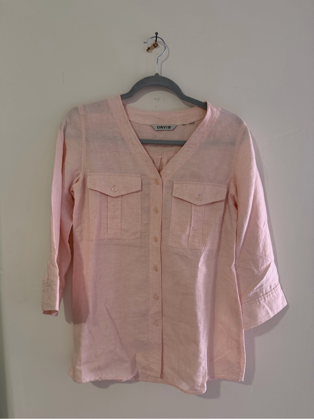 Orvis Pale Pink V-Neck Linen Button Shirt